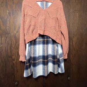 Orange Knit Sweater and Plaid Dress Set